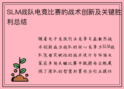 SLM战队电竞比赛的战术创新及关键胜利总结
